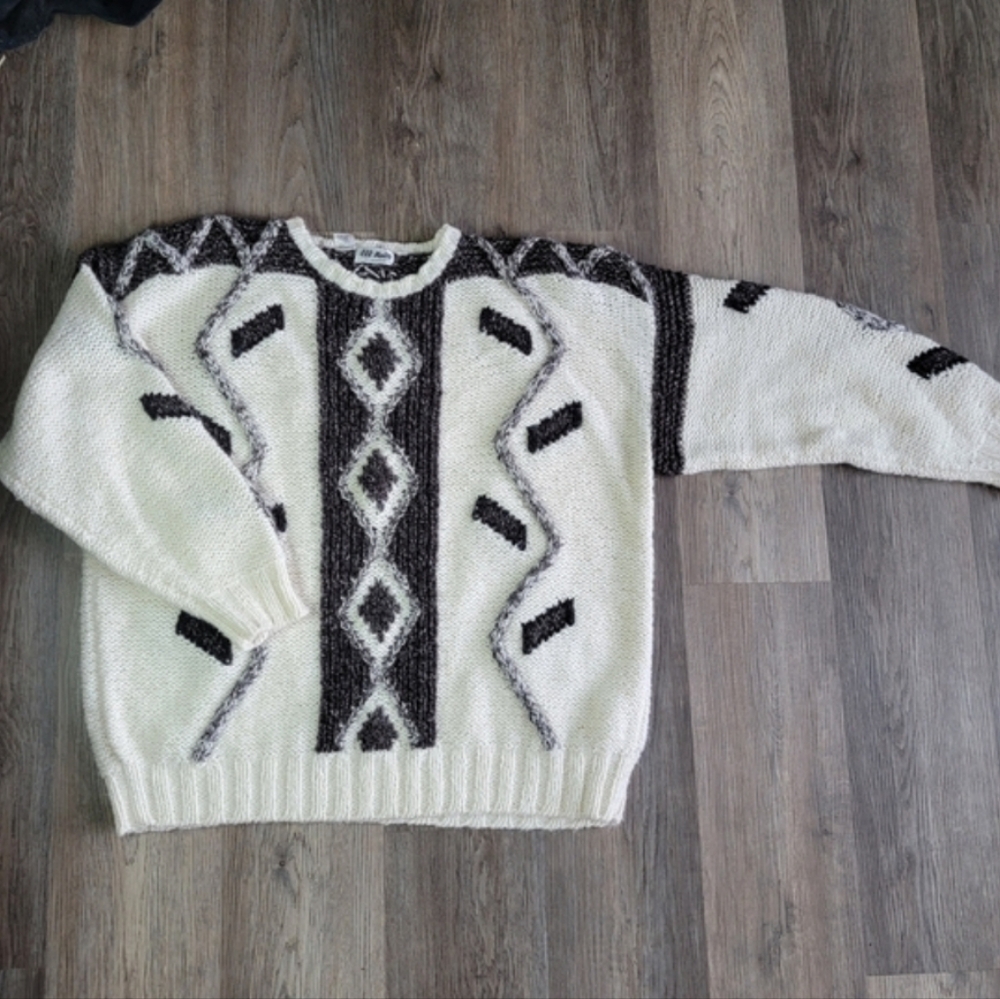 Vintage Oversized Black and Cream Patterned Chunky Knit Sweater  Grandpa